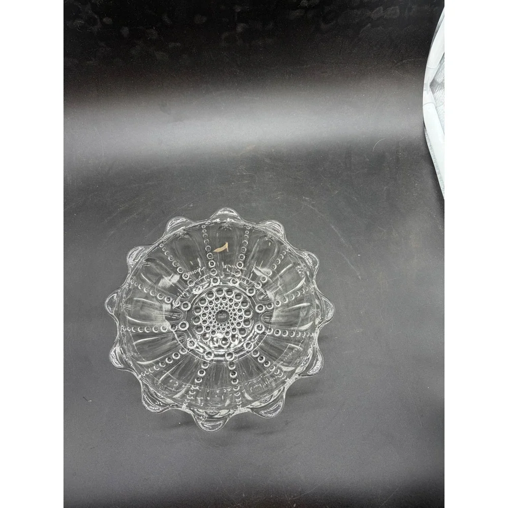 Vintage Clear Pressed Glass Hobnail Ribbed Scalloped Ruffle Rim Candy‎ Dish Bowl